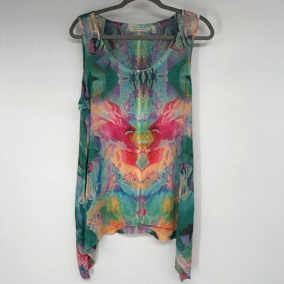 Soft Surroundings Tops - Soft Surroundings Waterflower Tank Top L Green Colorful Shark Bite Hem Flowy